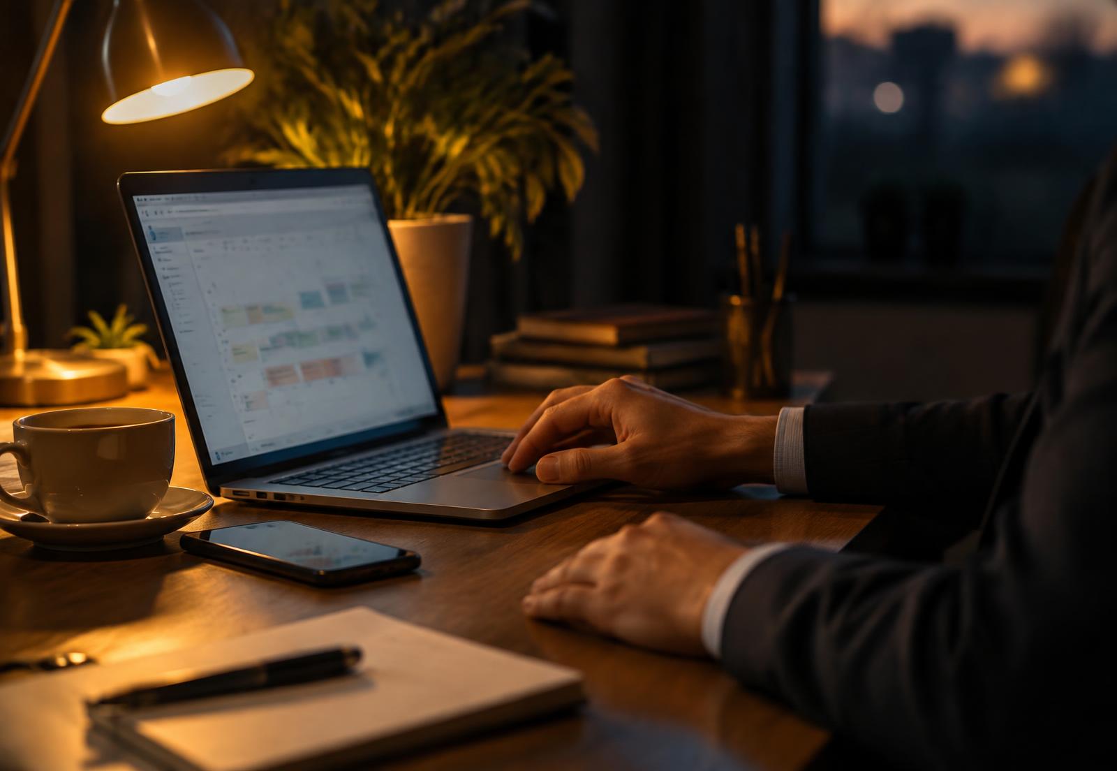 Ondernemer werkt 's avonds aan zijn bureau met laptop, agenda en telefoon