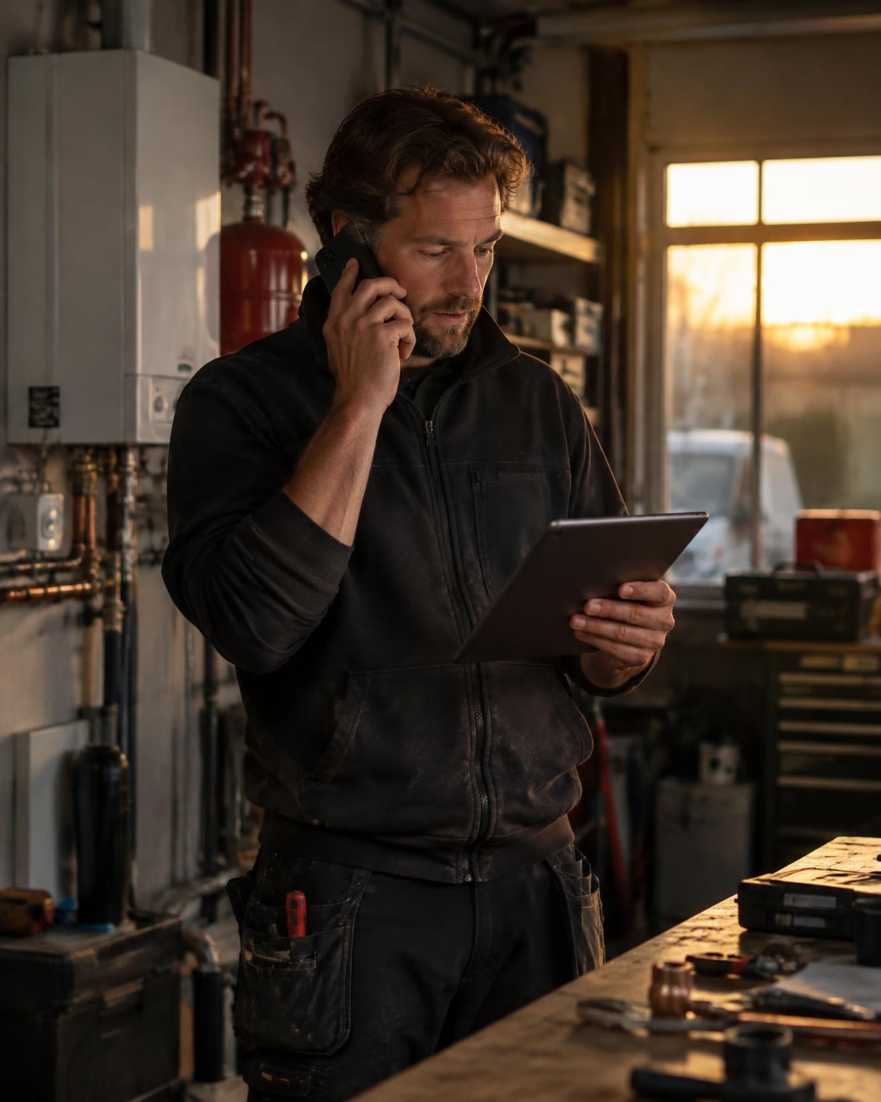 Ondernemer in zijn werkplaats beantwoordt een telefoontje en bekijkt een aanvraag op zijn tablet